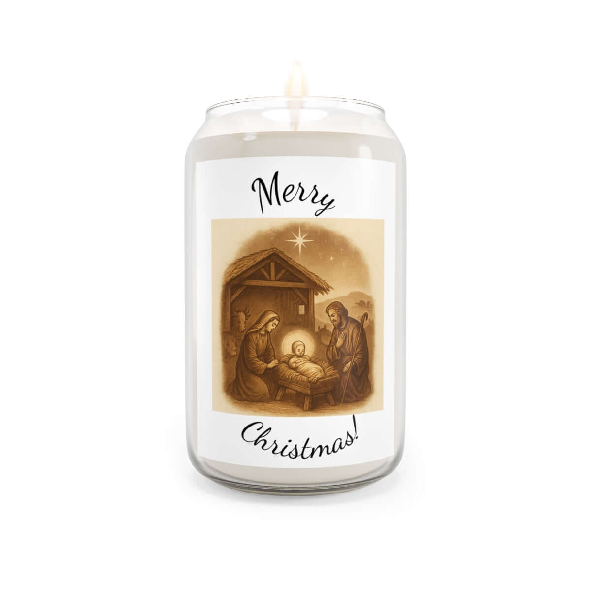 Christmas Scented Soy Candle with a nativity scene and 'Merry Christmas!' message.