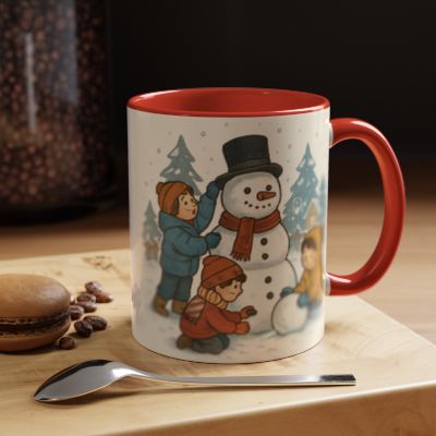 Winter Kids Building Snowman Coffee Mug